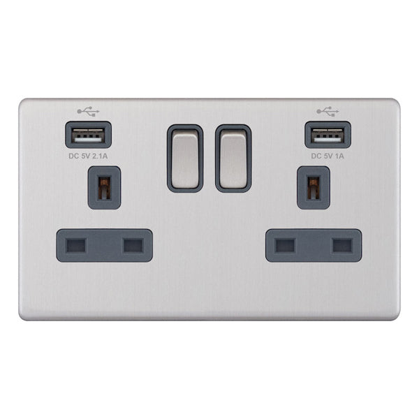 Selectric 5MPLUS-161 Satin Chrome Grey Inserts 2G 13A Socket With 2 x Type A USB Ports