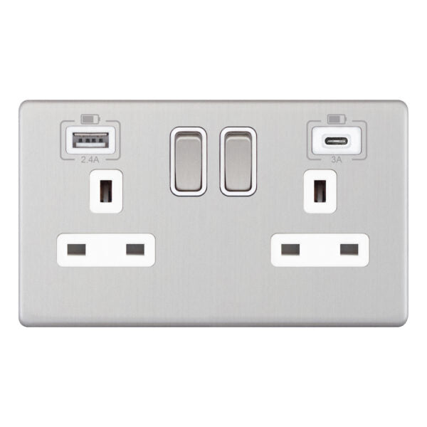 Selectric 5MPLUS-763 Satin Chrome White Inserts 2G 13A Socket With 2 x USB Ports
