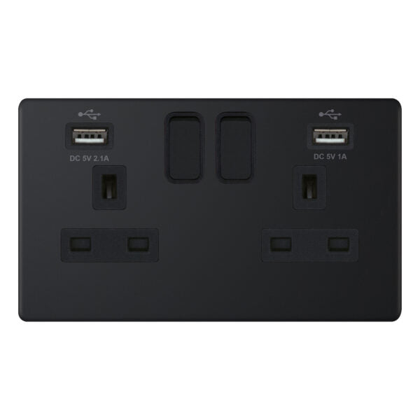 Selectric 5MPLUS-861 Matt Black Black Inserts 2G 13A Socket With 2 x USB Type A Ports
