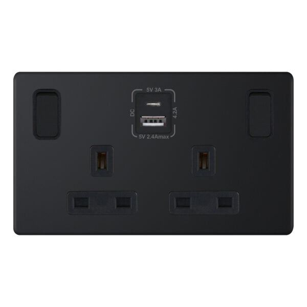 Selectric 5MPLUS-886 Matt Black 2G 13A Socket With Type A + C Ports