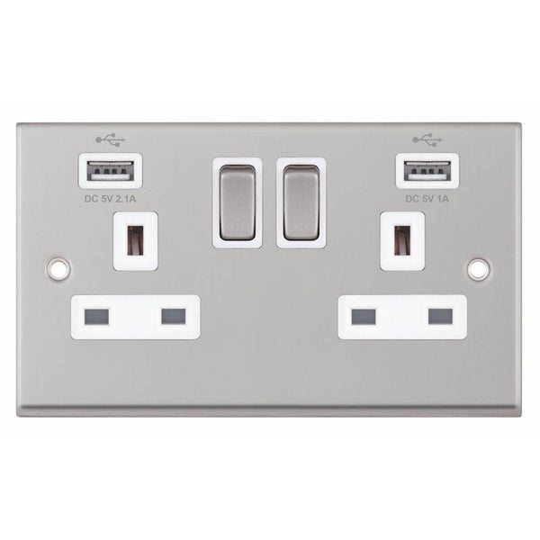 Selectric 7MPRO-161 Satin Chrome White Inserts 2G 13A Socket With 2 x USB Ports