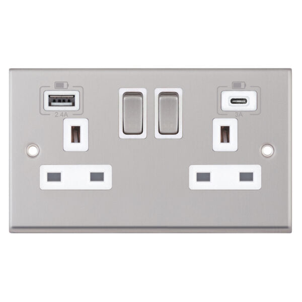 Selectric 7MPRO-163 Satin Chrome White Inserts 2G 13A Socket USB Type C + A