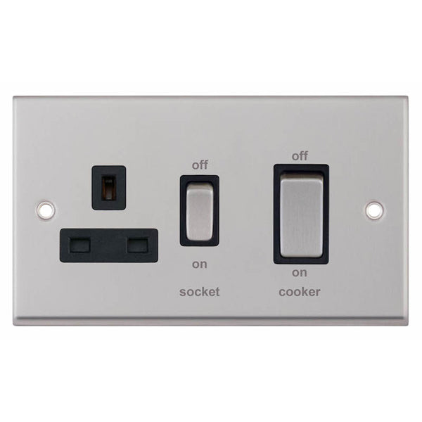 Selectric 7MPRO-249 Satin Chrome Black Inserts 45A Cooker Unit with 13A Switched Socket