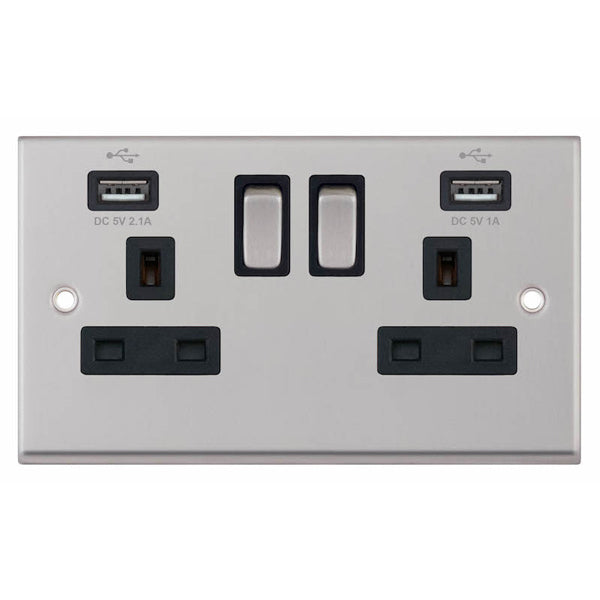 Selectric 7MPRO-261 Satin Chrome Black Insert 2G 13A Socket 2 x USB Type A Ports