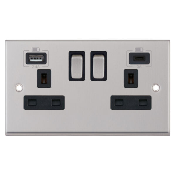 Selectric 7MPRO-263 Satin Chrome Black Inserts 2G 13A Socket With 2 x USB Ports A + C
