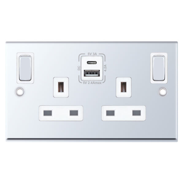 Selectric 7MPRO-386 Polished Chrome White Inserts 2G 13A USB Type A + C Socket