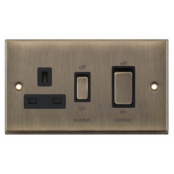 Selectric 7MPRO-649 Antique Brass Black Insert 2G 45A Cooker Unit With Switched Socket