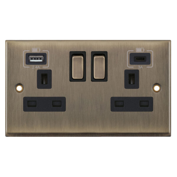Selectric 7MPRO-663 Antique Brass Black Inserts 2G 13A Socket With 2 x USB Ports Type A + C