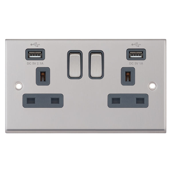 Selectric 7MPRO-761 Satin Chrome Grey Insert 2G 13A Socket With 2 x USB Ports Type A