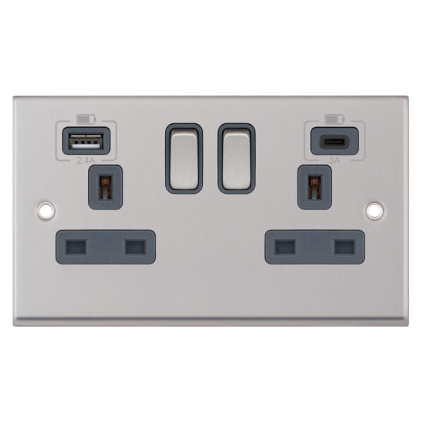 Selectric 7MPRO-763 Satin Chrome Grey Inserts 2G 13A Socket With 2 x USB Type A + C