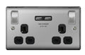 BG Nexus Metal - Brushed Steel Switched Socket Black Inserts 13A 2G - 2 x USB Type A Ports