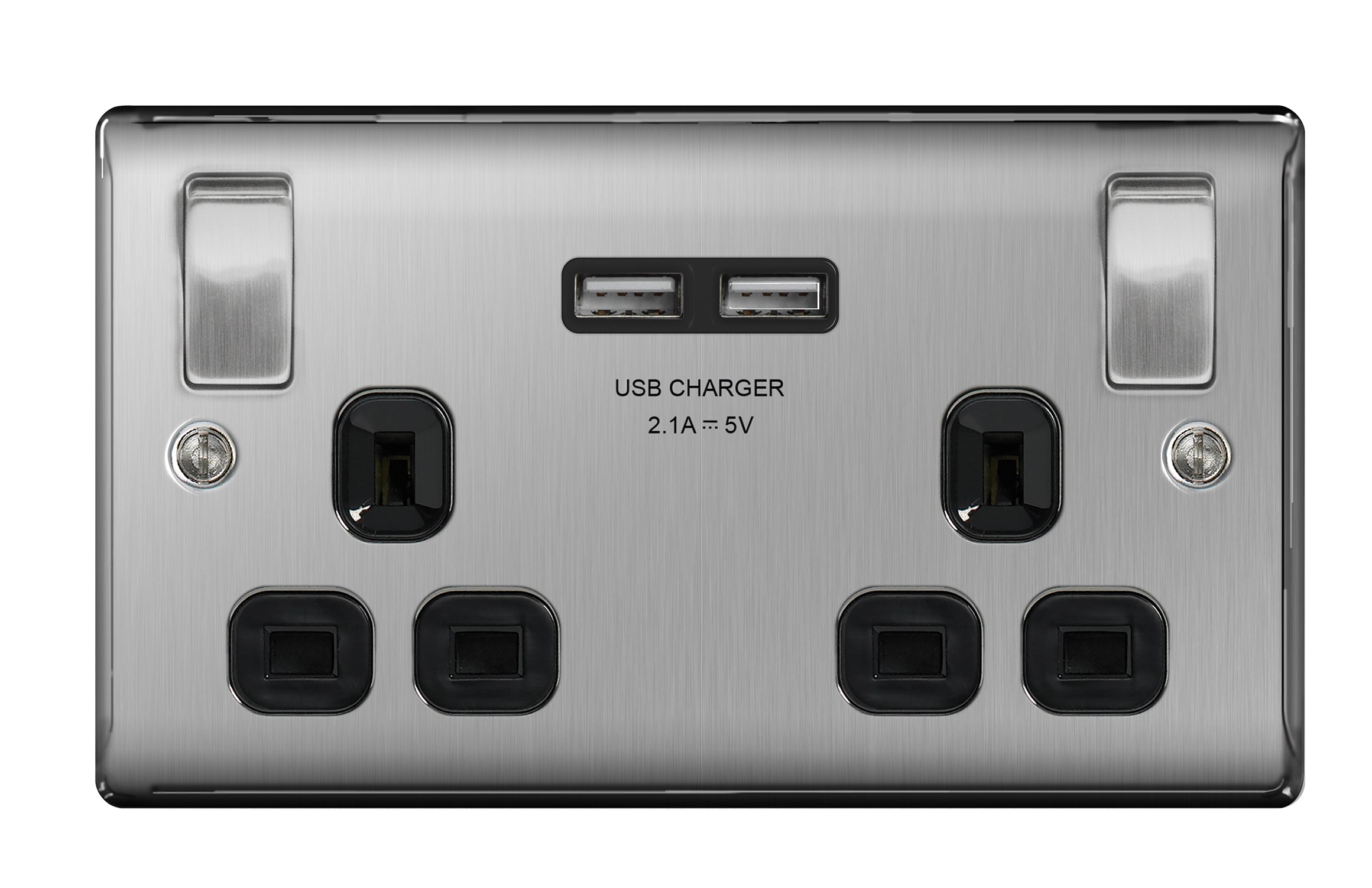 BG Nexus Metal - Brushed Steel Switched Socket Black Inserts 13A 2G - 2 x USB Type A Ports