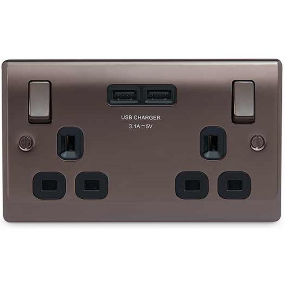 BG Nexus Metal - Black Nickel 13A 2G Socket - 2 x USB Type A Ports