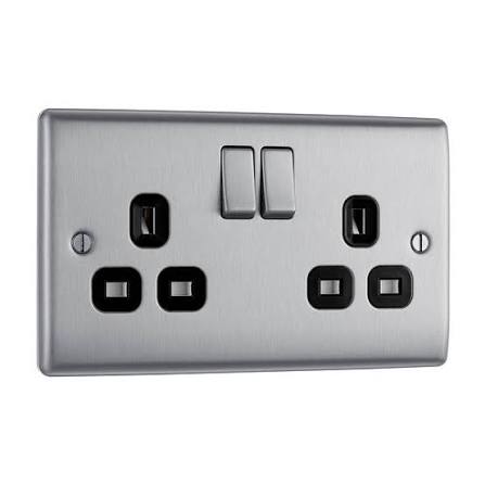 BG Nexus Metal - Brushed Steel 13A 2G Socket with Black Inserts