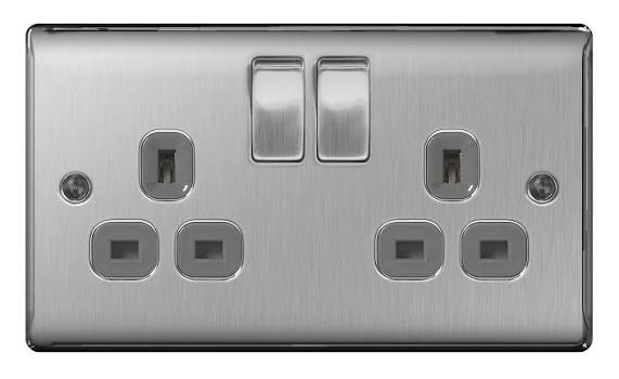 BG Nexus Metal - Brushed Steel 13A 2G Socket with Grey Inserts