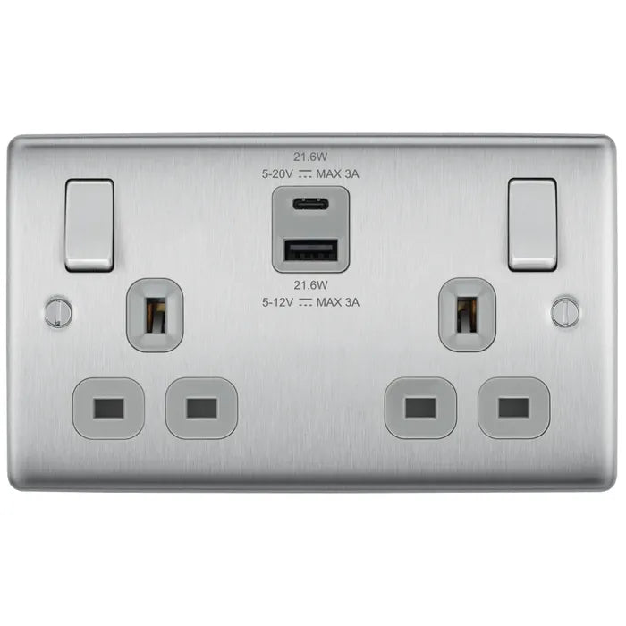 BG Nexus Metal - Brushed Steel 13A 2G Socket Grey Inserts - 1 x USB Type A & 1 x USB Type C Ports